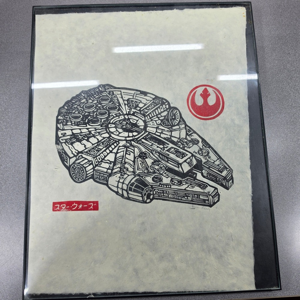 Brian Reedy Millennium Falcon Art Framed Print Large White Excellent Linocut